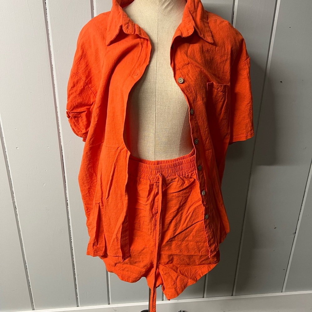 Bright Orange Button-Up Shirt and Shorts Set